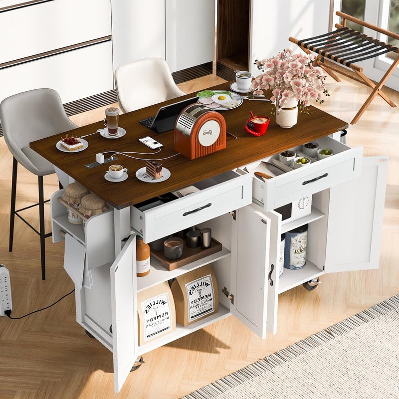 Farmhouse Kitchen Island with Power Outlet, Drop Leaf, Spice Rack and Drawer, Rolling Kitchen Cart on Wheels I94436