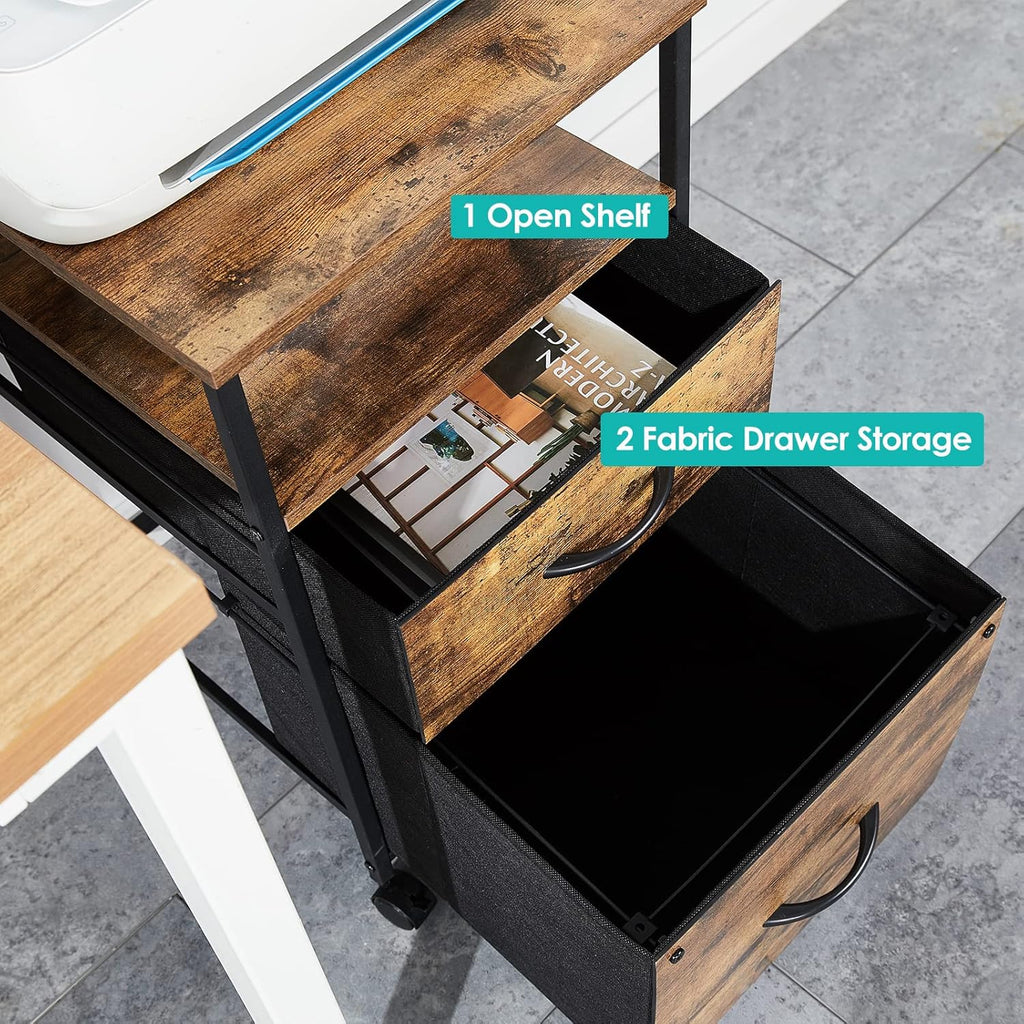 Rustic Brown Black 2 Drawer Rolling File Cabinet with Shelves C9573