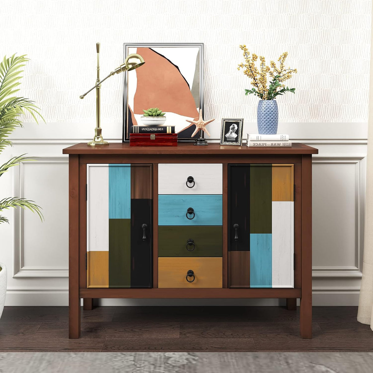 Black Accent Buffet Sideboard with Tempered Glass Console Table Sofa Table with Adjustable Shelves Cabinet L704056