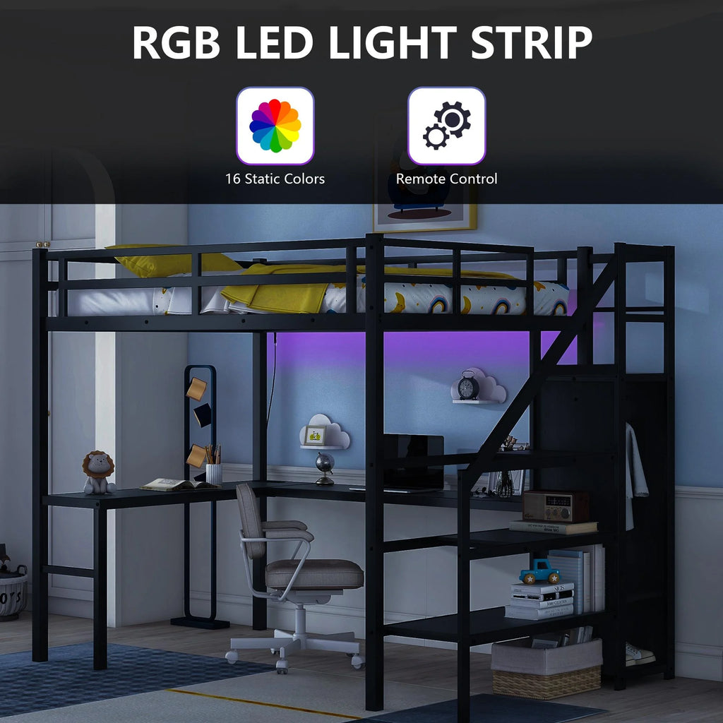Black Full Size Metal Loft Bed with Desk and Stairs A260