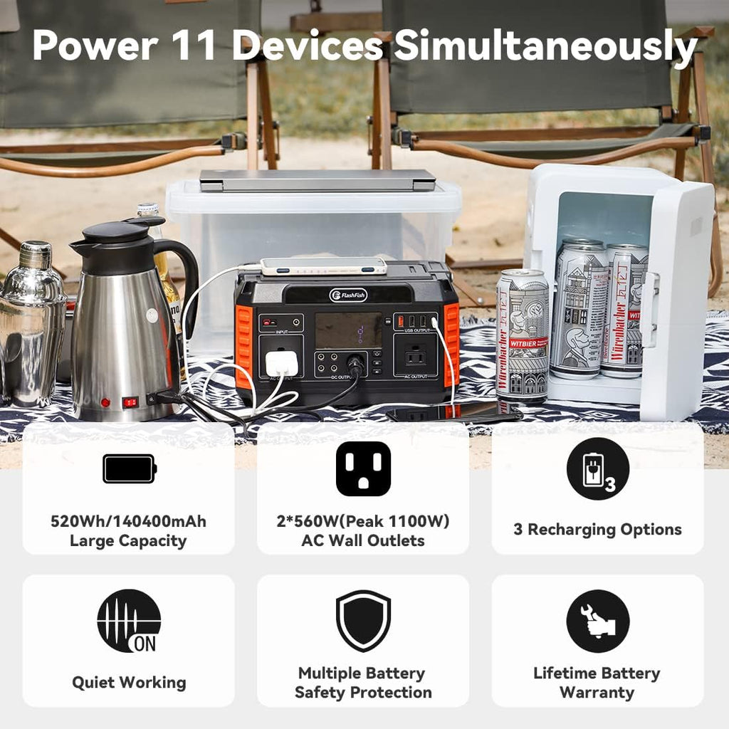 560W Portable Power Station, 520Wh/140400mAh, 2x110V/560W AC Outlets, 5xDC Output, 4xUSB Outputs, Lithium Battery Pack T34869