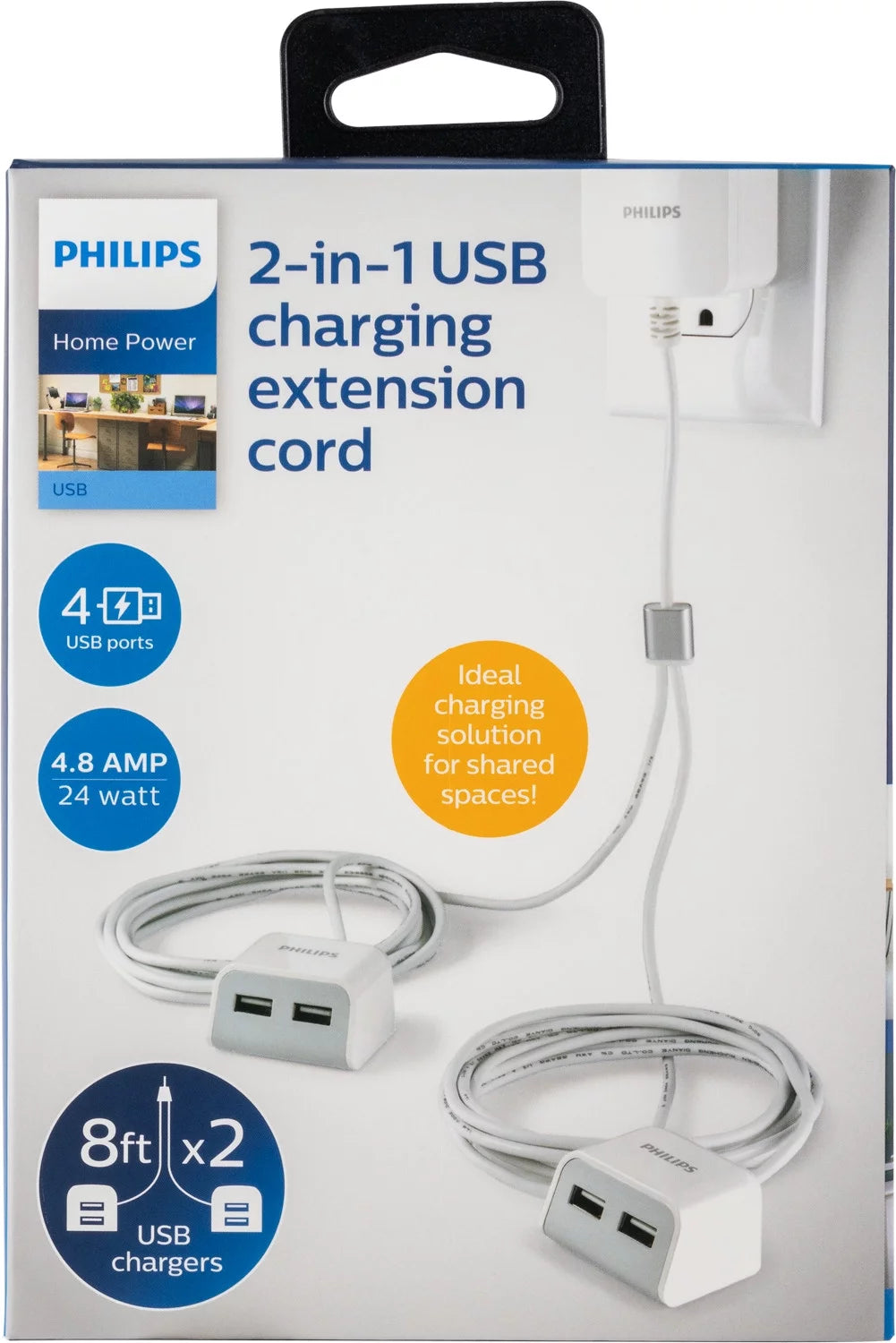 Twin USB Tabletop Charger, 4 USB-A Ports, 8ft Split Cord, White X235874