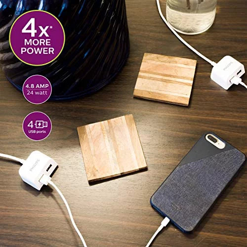 Twin USB Tabletop Charger, 4 USB-A Ports, 8ft Split Cord, White X235874