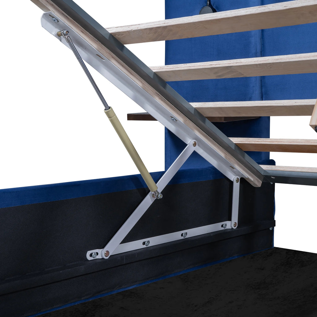 Full Size Upholstered Hydraulic Platform Bed with 2 Shelves, 2 Lights and 4 USB Ports, Blue J90082