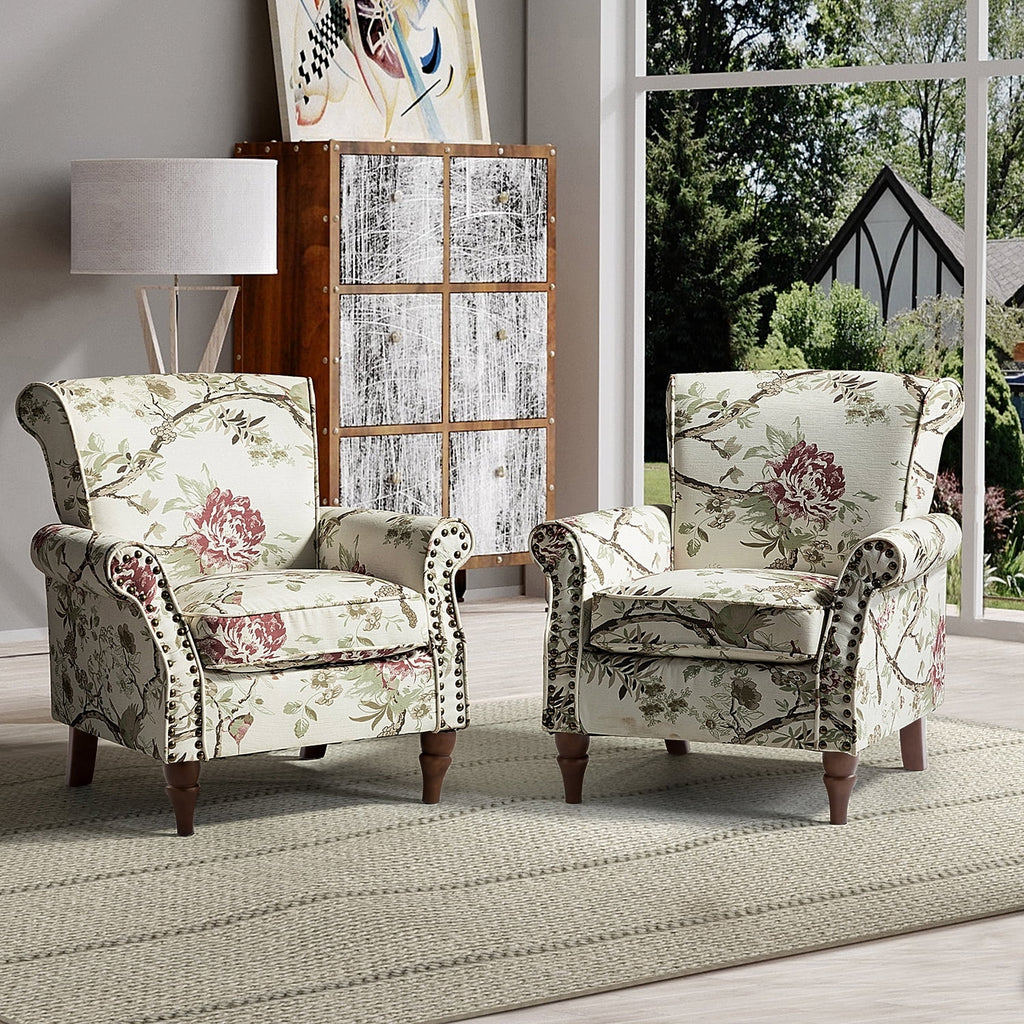 Wooden Upholstered Accent Chair Set of 2 with Removable Cushion Wingback Floral Lounge Sofa Set Nailhead Trim H812
