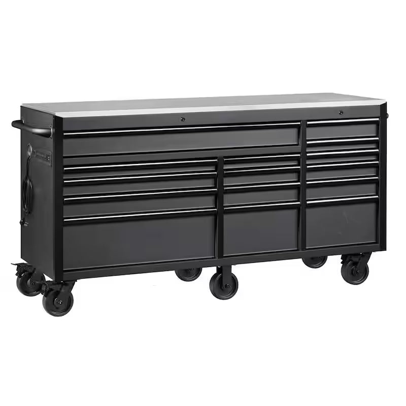 Heavy Duty 15-Drawer Mobile Workbench Cabinet Chest with Stainless Steel Top in Matte Black S95674