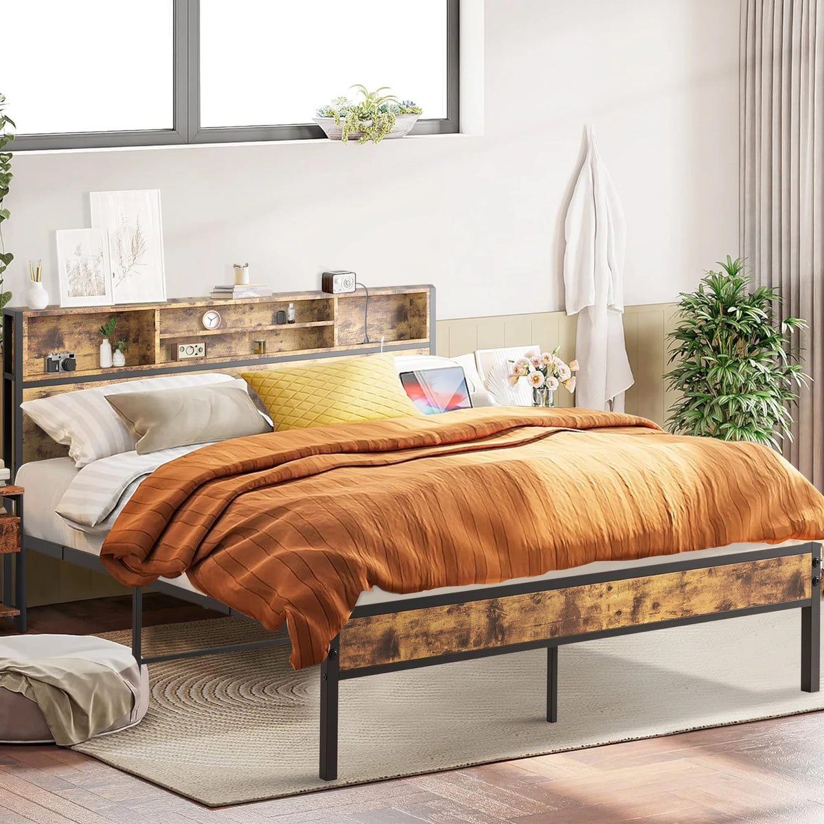 Vintage Brown Metal Platform Bed Frame with Storage Headboard C506