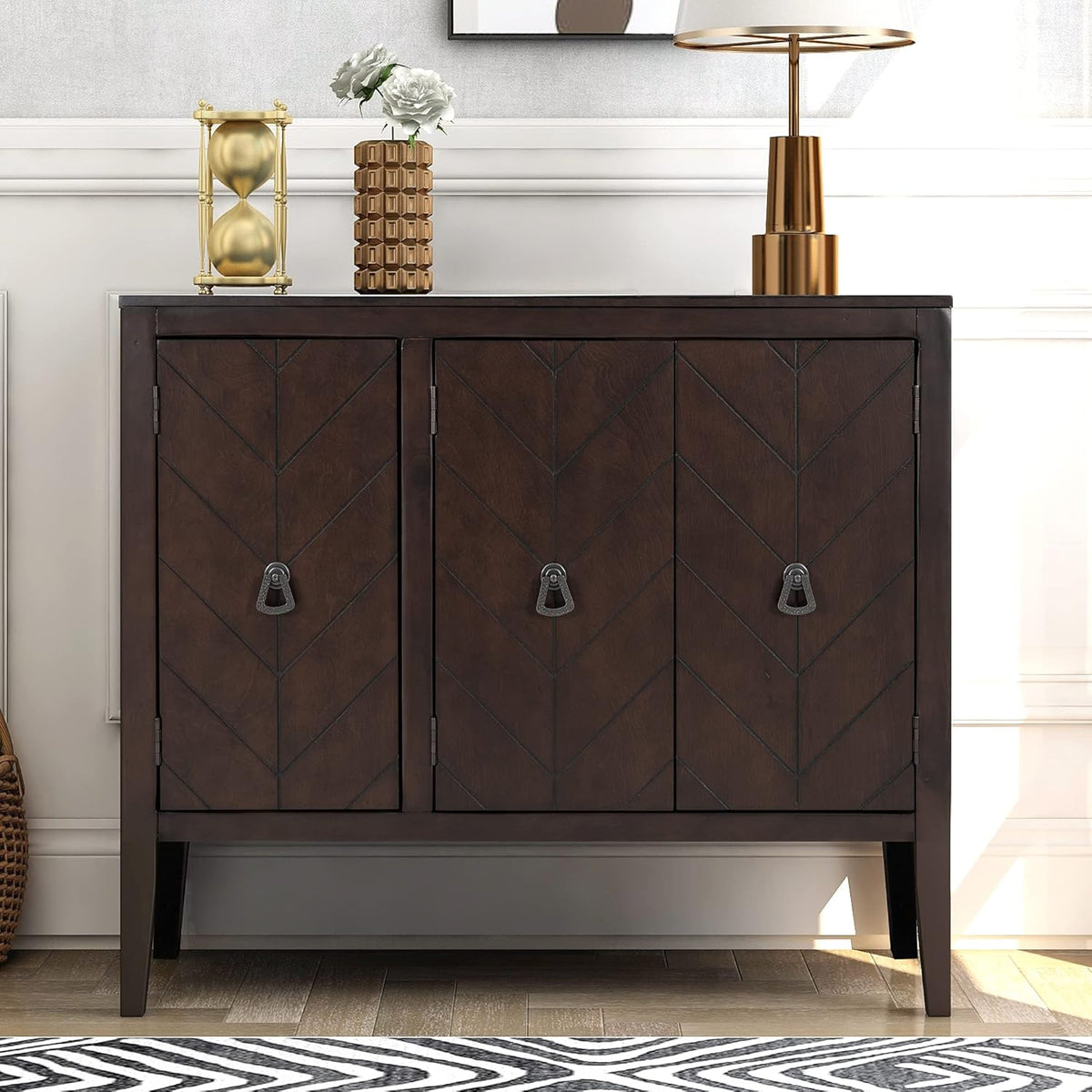 Black Accent Buffet Sideboard with Tempered Glass Console Table Sofa Table with Adjustable Shelves Cabinet L704056