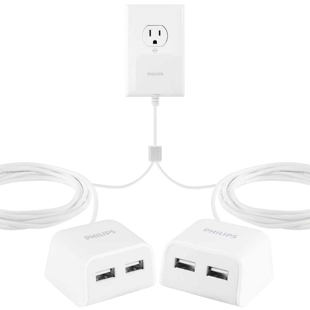 Twin USB Tabletop Charger, 4 USB-A Ports, 8ft Split Cord, White X235874