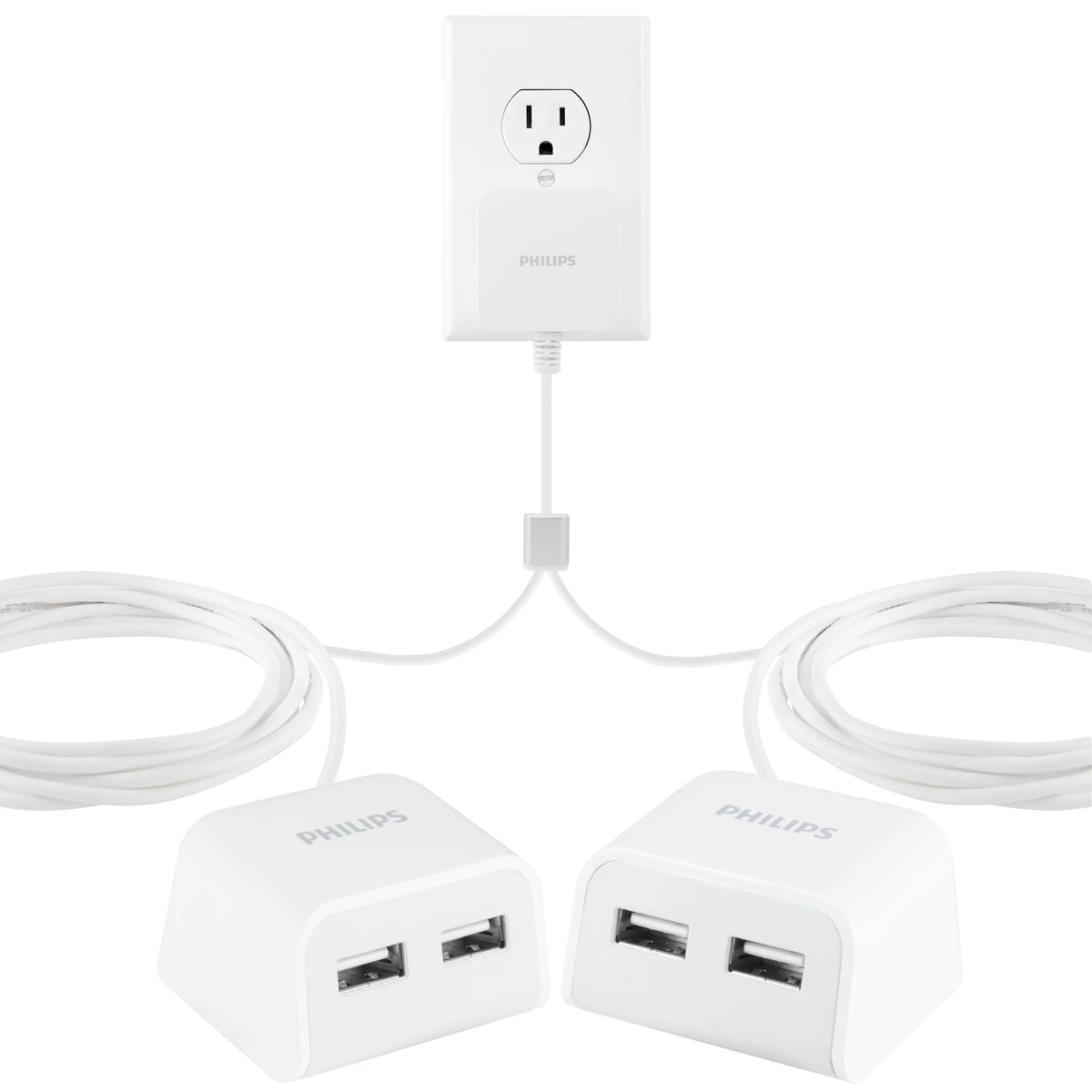 Twin USB Tabletop Charger, 4 USB-A Ports, 8ft Split Cord, White X235874
