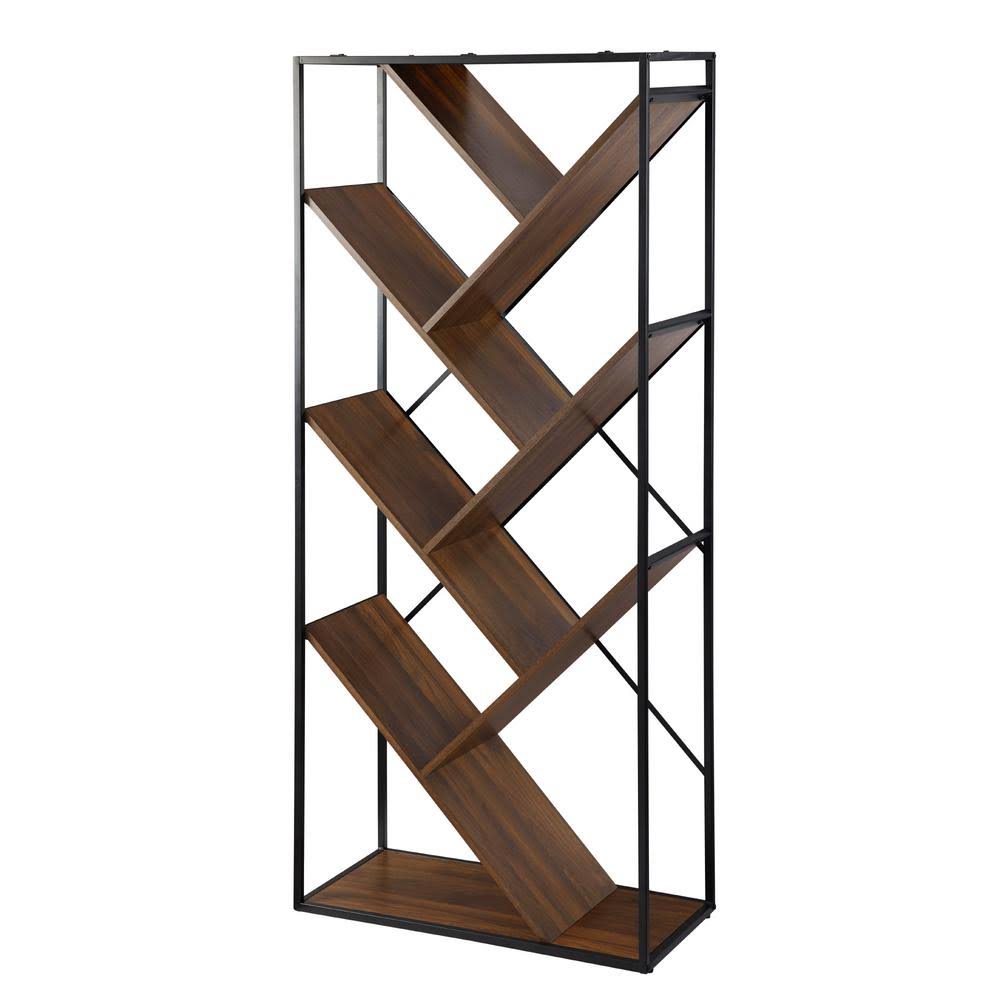 Dark Walnut Wood and Metal 6-Shelf V Bookcase S82582