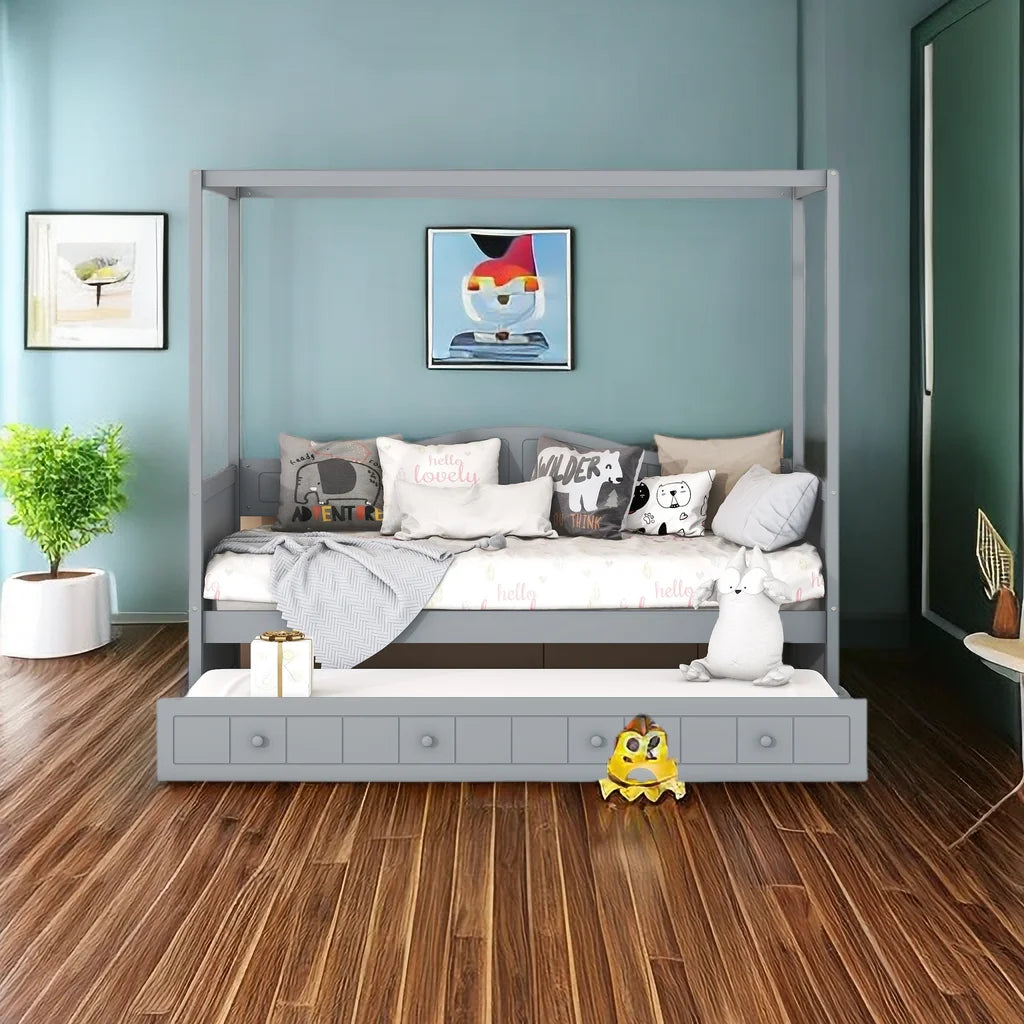 Twin Size Four-Poster Wood Canopy Bed with Trundle U883510