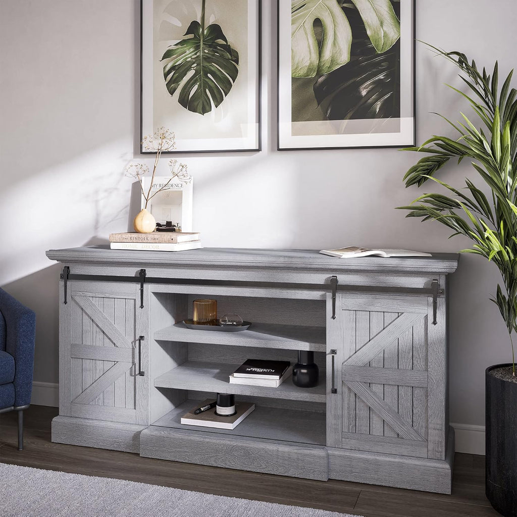 Modern Farmhouse TV Stand with Adjustable Shelves and Barn Doors S53249