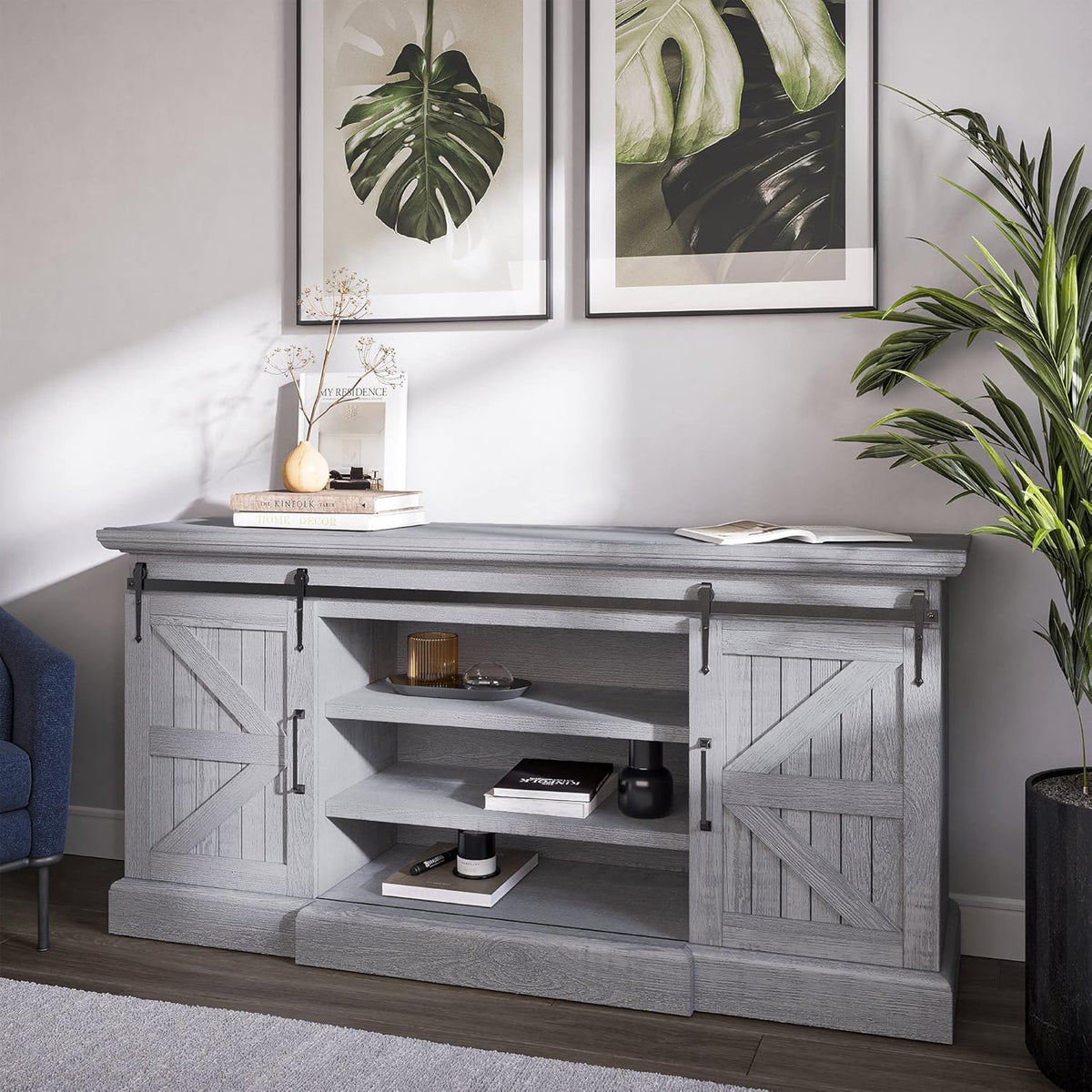 Modern Farmhouse TV Stand with Adjustable Shelves and Barn Doors S53249