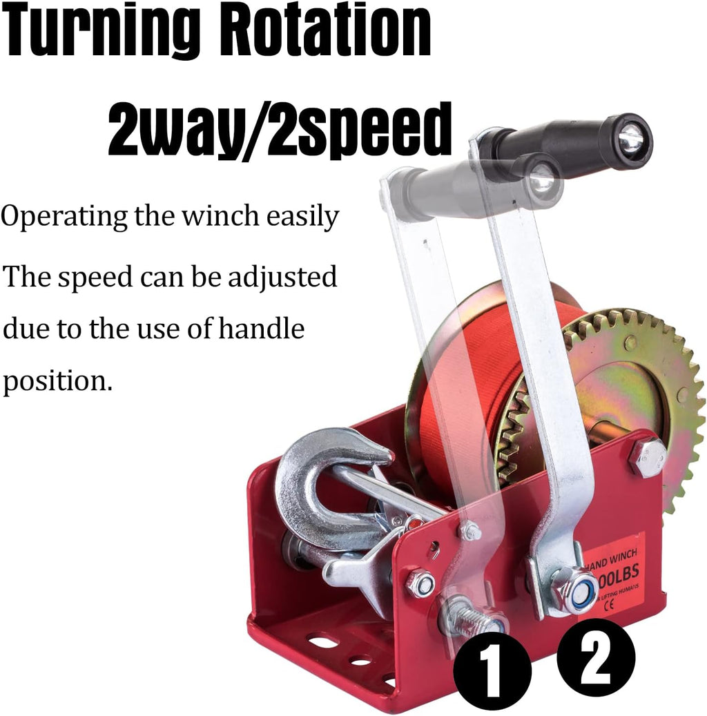 Hand Winch Heavy Duty 3500lbs with Nylon Strap and Ratchet Handle Hook 2 Gear Manual Crank Towing Winch (2500 Red) Pack of 2 E929271