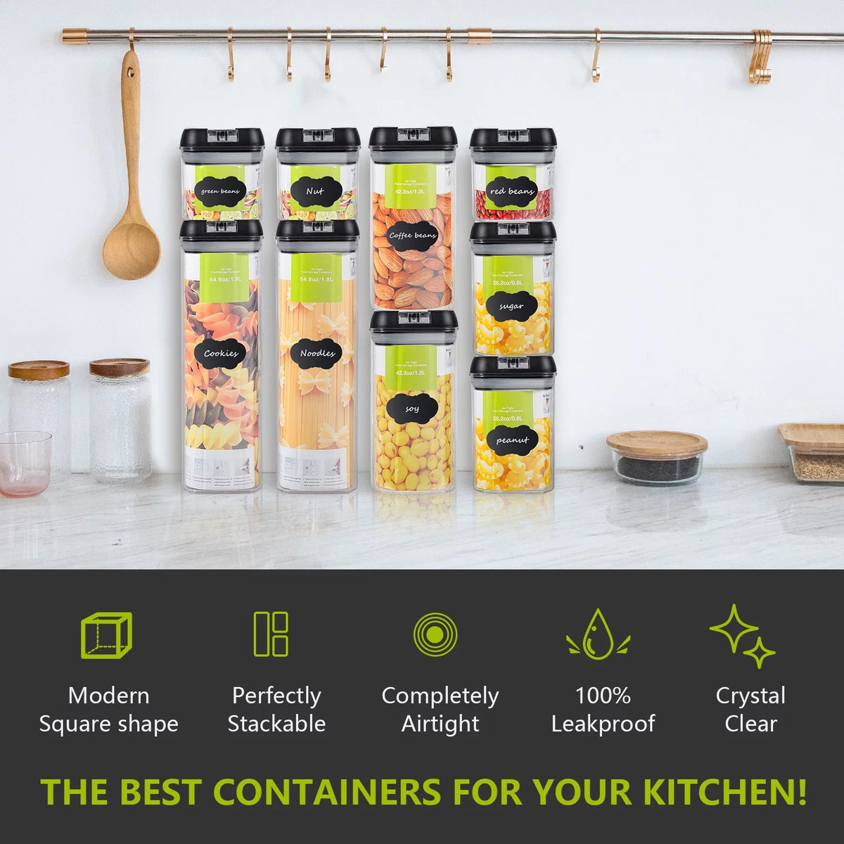 9 Pc Clear Plastic Airtight Food Container Set with Black Lid B429
