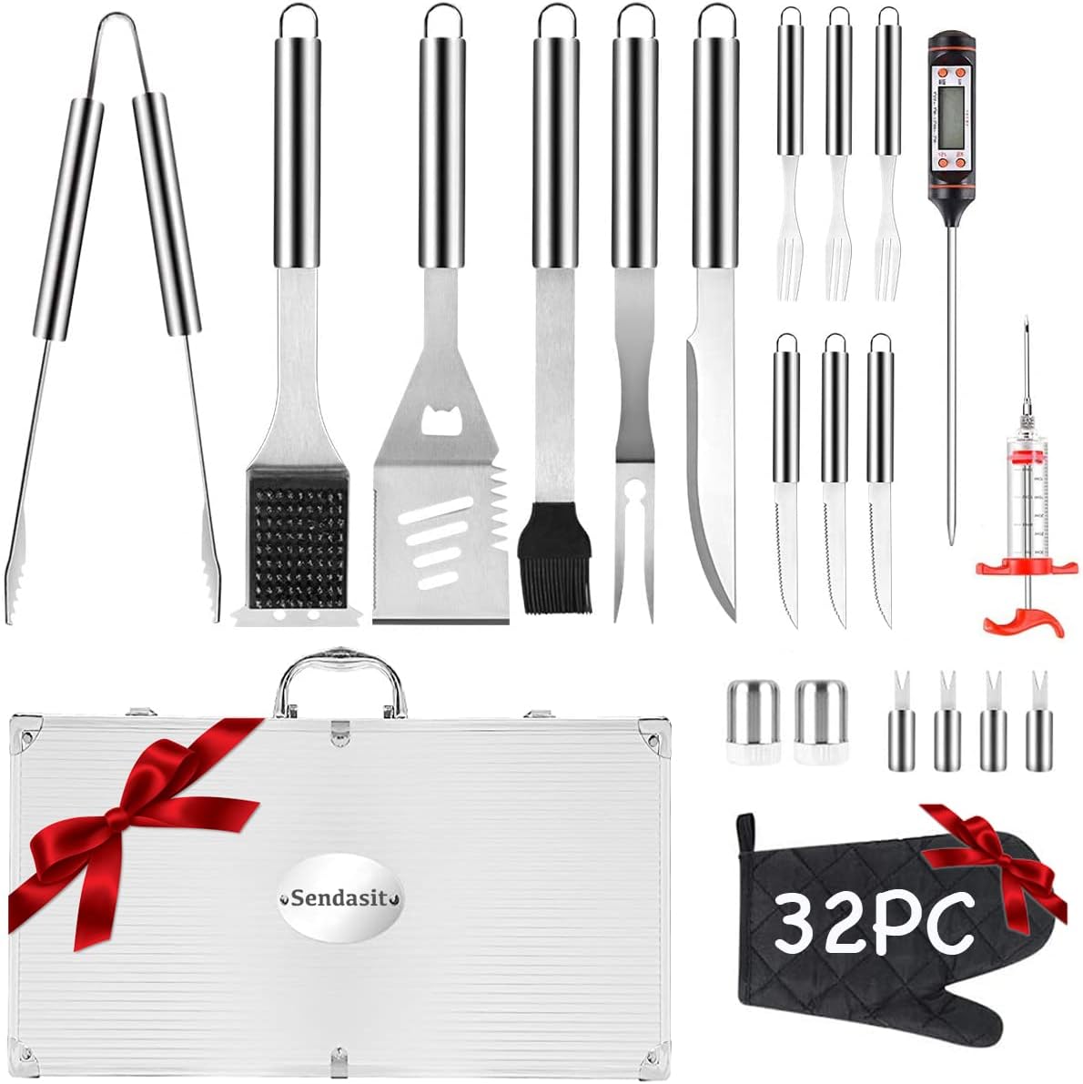 32 PCS BBQ Grill Tool Set with Thermometer in Heavy Duty Aluminum Case N872