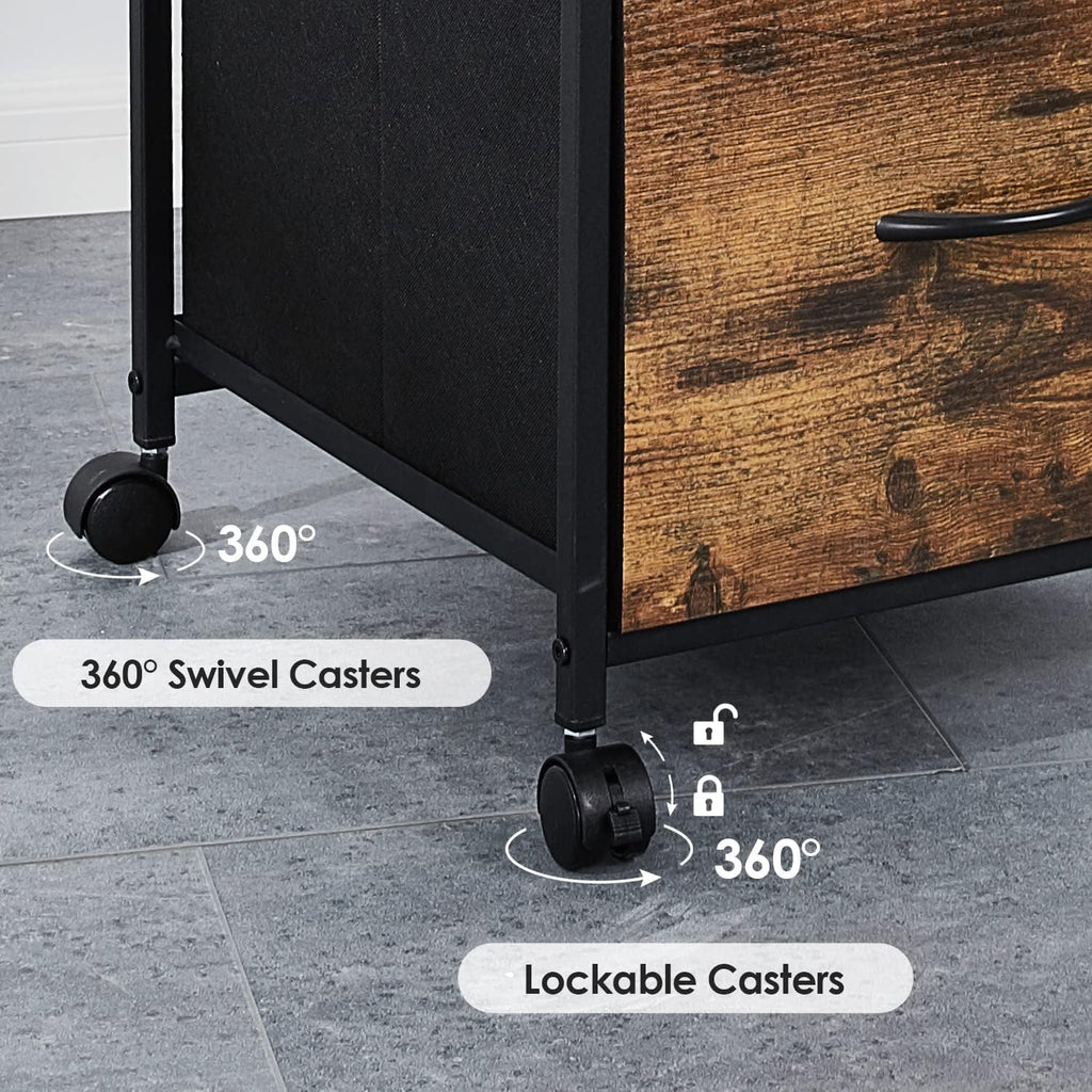Rustic Brown Black 2 Drawer Rolling File Cabinet with Shelves C9573