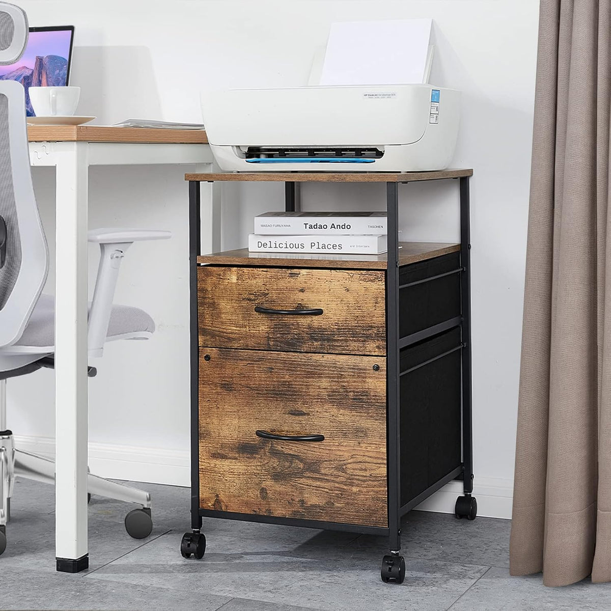 Rustic Brown Black 2 Drawer Rolling File Cabinet with Shelves C9573