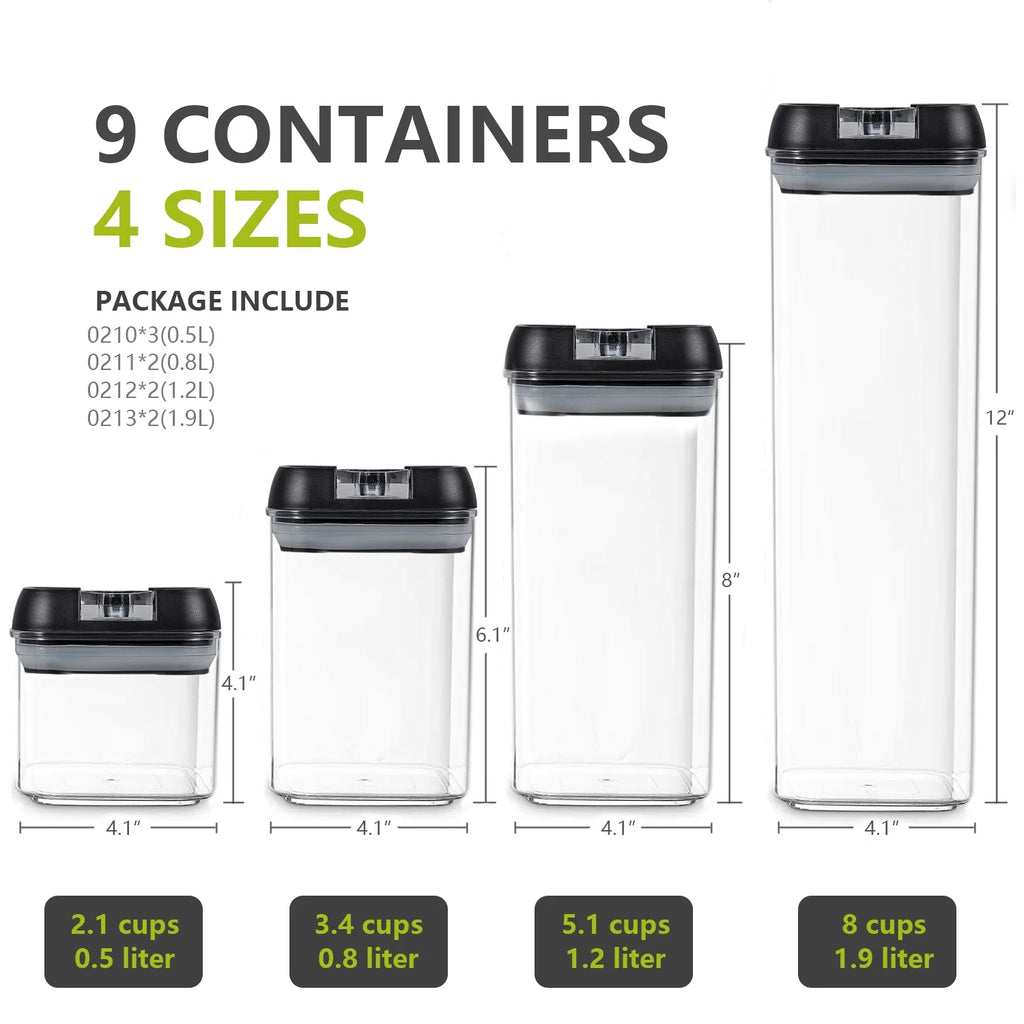 9 Pc Clear Plastic Airtight Food Container Set with Black Lid B429