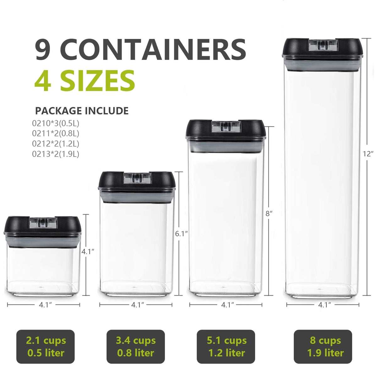 9 Pc Clear Plastic Airtight Food Container Set with Black Lid B429