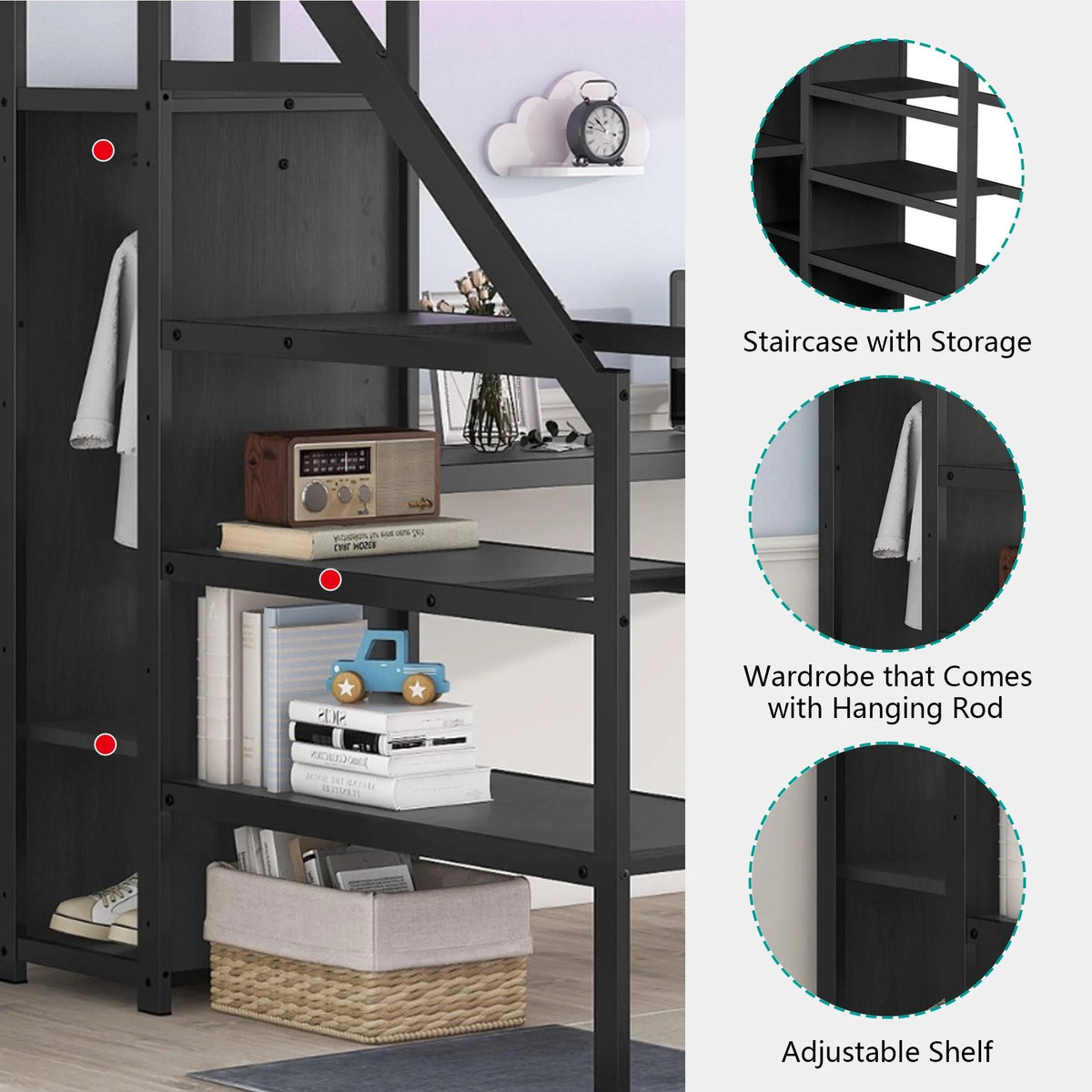 Black Full Size Metal Loft Bed with Desk and Stairs A260