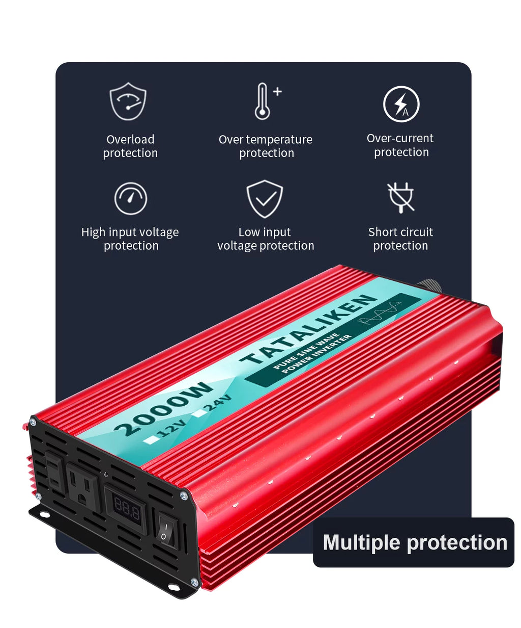 2000 Watts Pure Sine Wave Power Inverter DC 12V to AC 110V/120V with 2 AC Outlets I2243