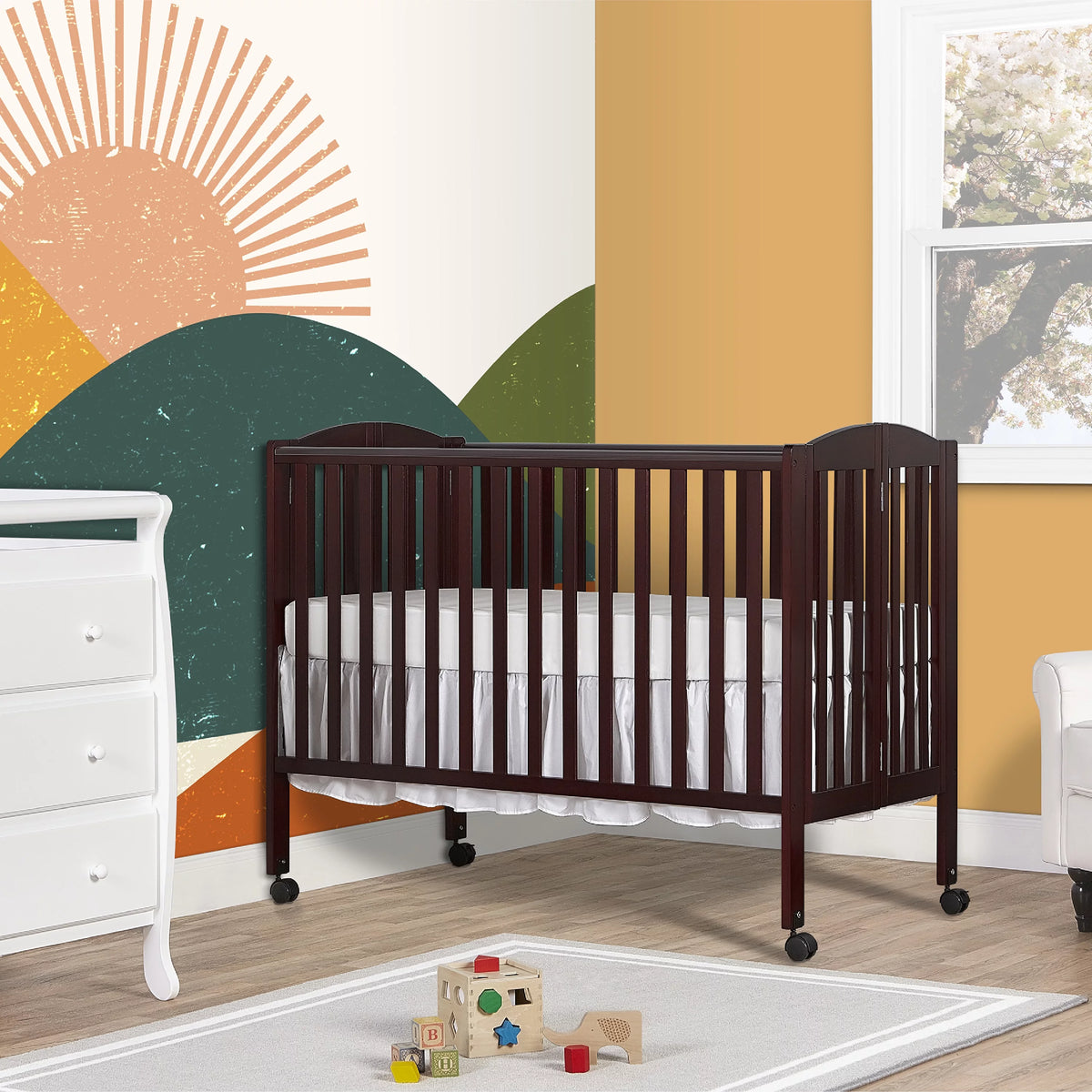 Full Size 2-in-1 Folding Stationary Side Crib with Locking Wheels, Espresso Q905