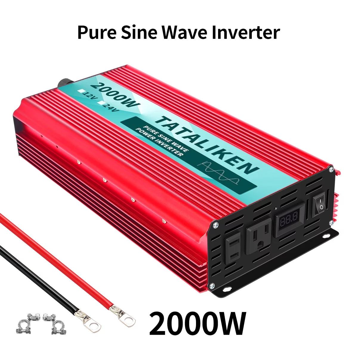 2000 Watts Pure Sine Wave Power Inverter DC 12V to AC 110V/120V with 2 AC Outlets I2243
