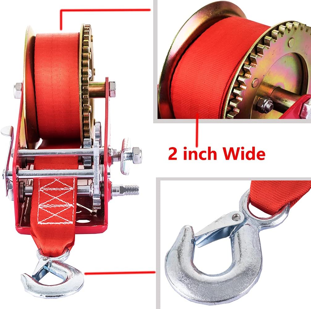 Hand Winch Heavy Duty 3500lbs with Nylon Strap and Ratchet Handle Hook 2 Gear Manual Crank Towing Winch (2500 Red) Pack of 2 E929271