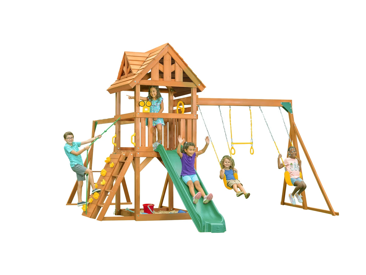 Cedar Swingset with Wooden Roof, Monkey Bars, Climbing Wall, Slide, Sandbox, Belt Swings and Trapeze O201