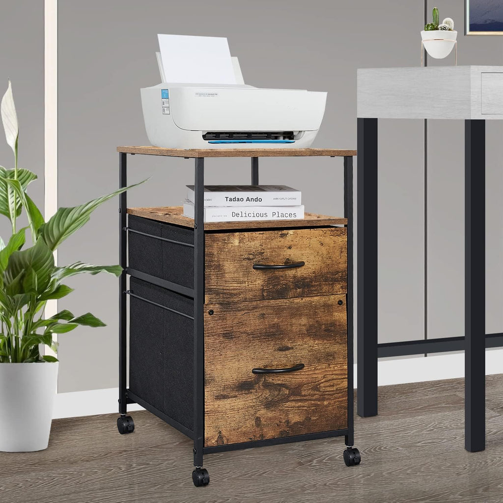 Rustic Brown Black 2 Drawer Rolling File Cabinet with Shelves C9573