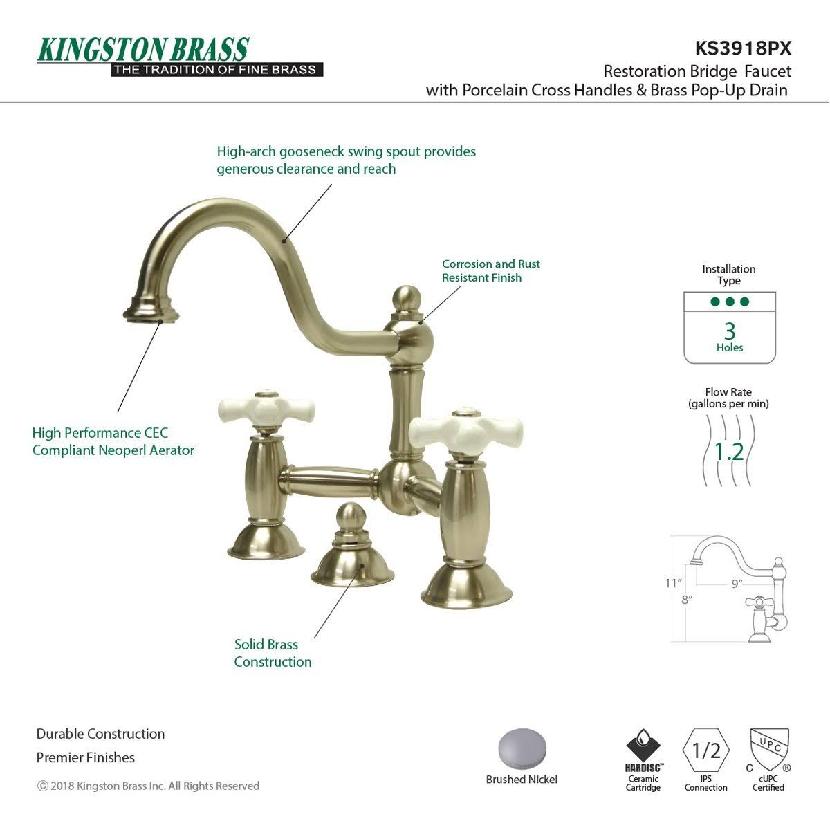 Polished Brass Lavatory Bridge Faucet with Brass Pop-Up V60261