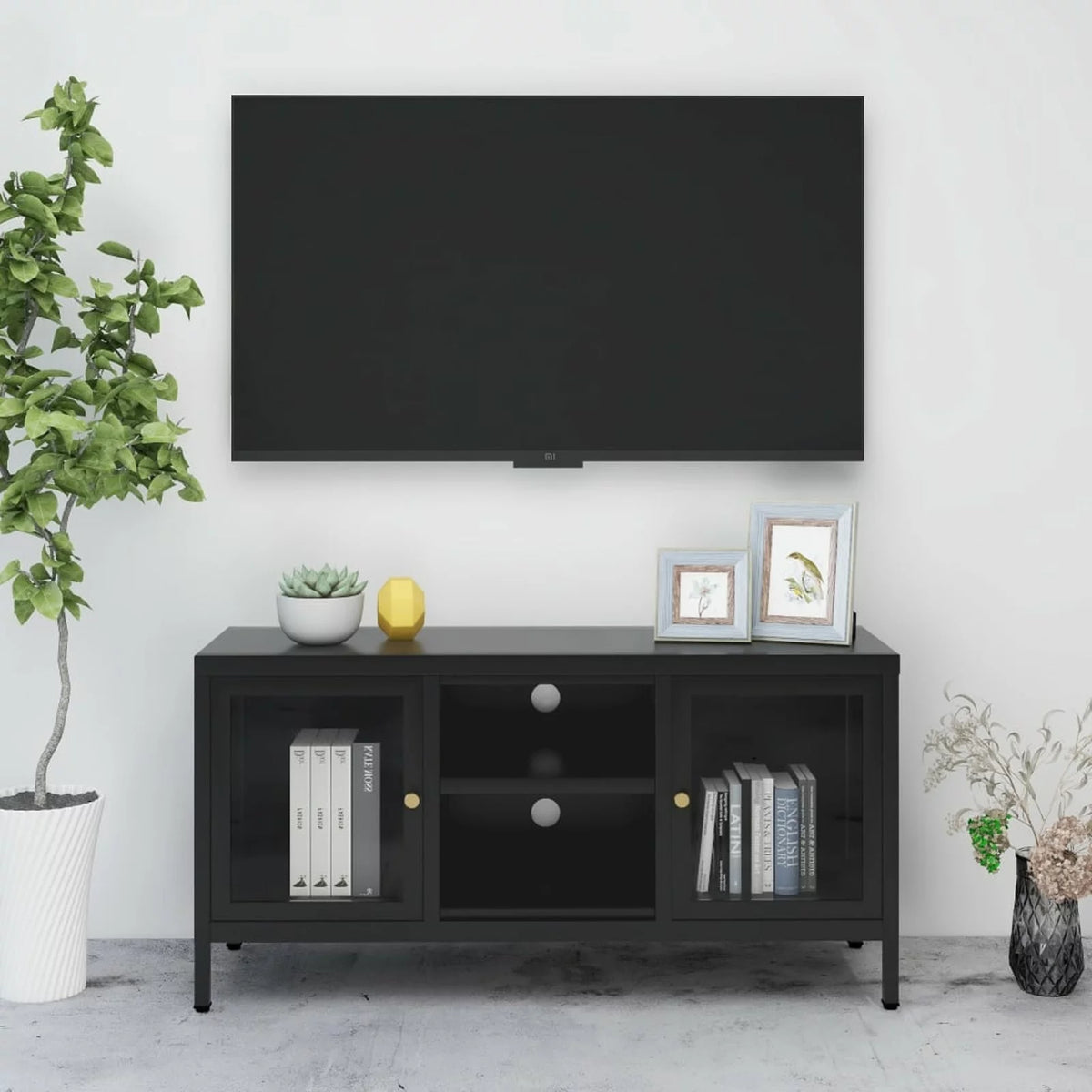 Black Steel TV Stand with Glass Doors S4990