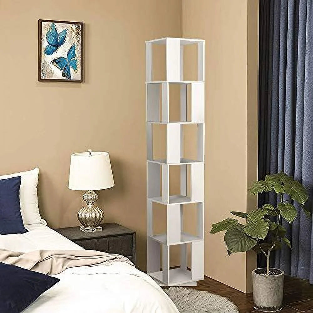 6 Tier White Wooden Corner Rotating Bookcase Shelving Unit R331