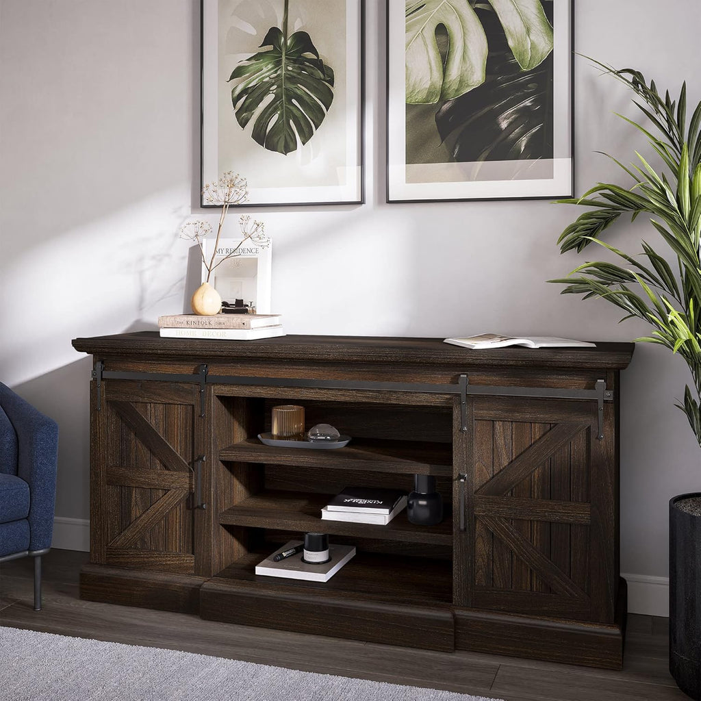 Modern Farmhouse TV Stand with Adjustable Shelves and Barn Doors S53249