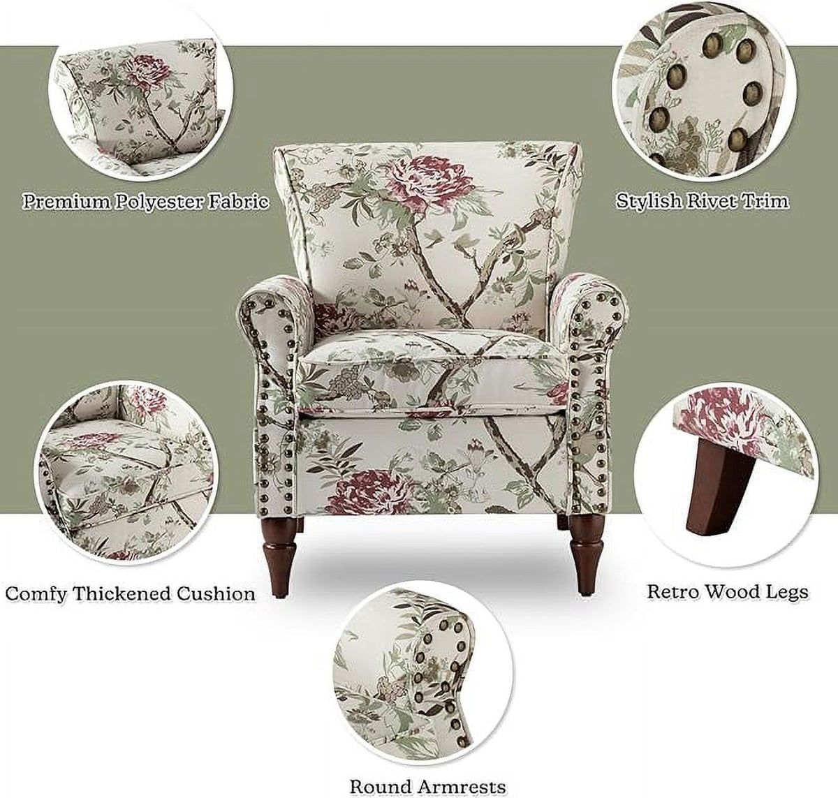 Wooden Upholstered Accent Chair Set of 2 with Removable Cushion Wingback Floral Lounge Sofa Set Nailhead Trim H812