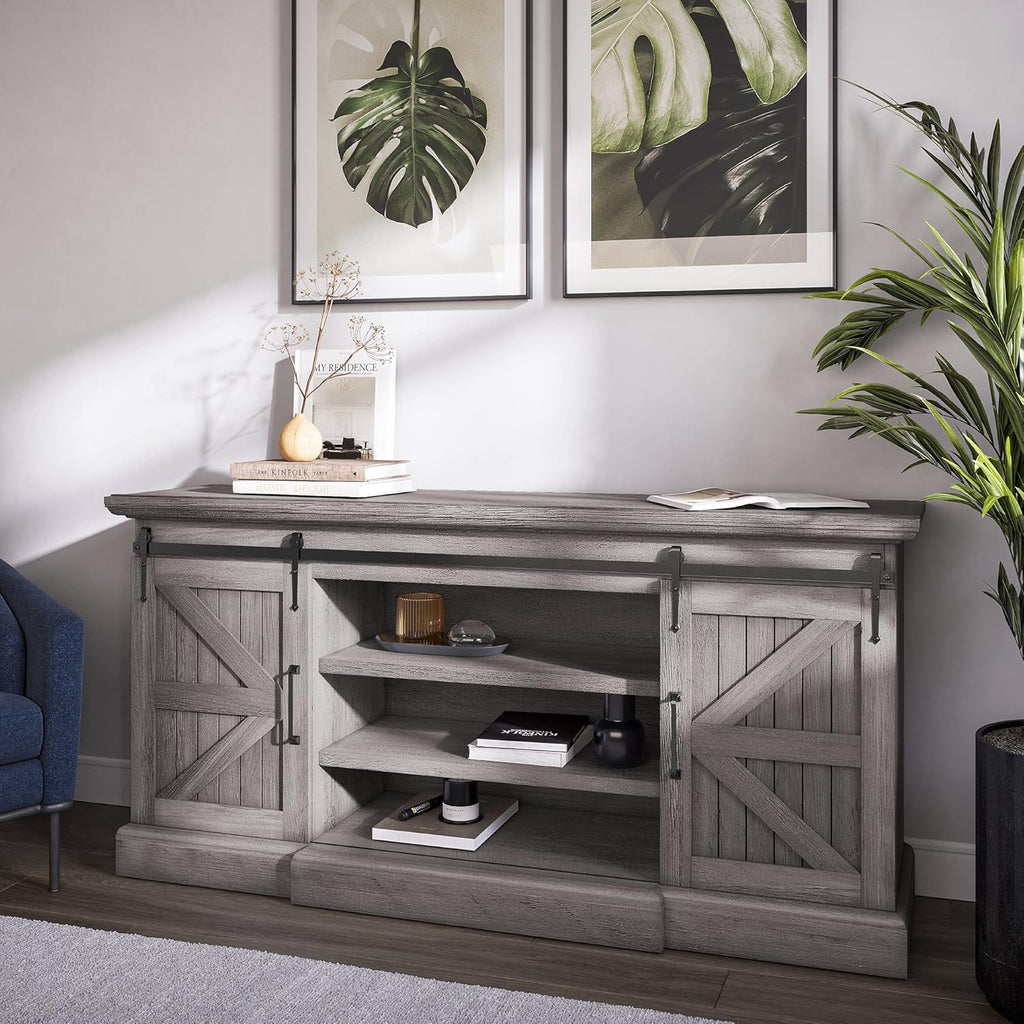 Modern Farmhouse TV Stand with Adjustable Shelves and Barn Doors S53249