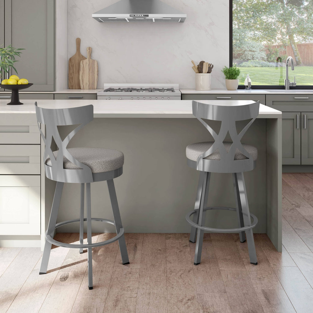 Grey Woven Fabric Black Metal Swivel Bar Stool Q689125