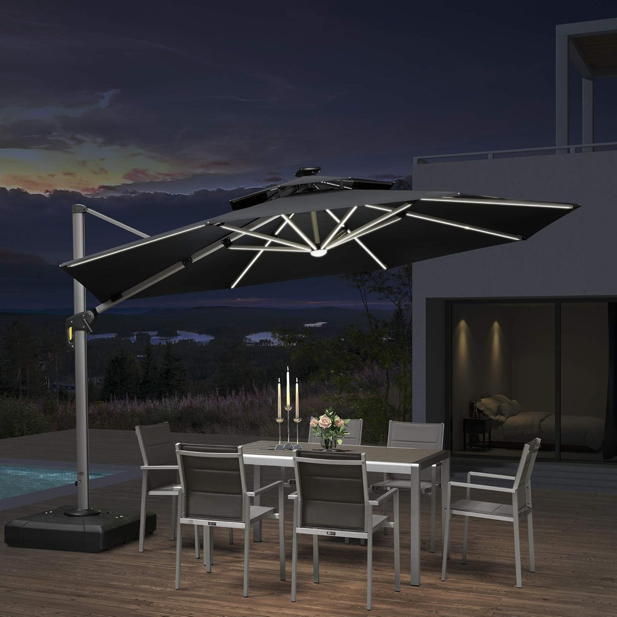 Grey 12ft Solar Powered LED Cantilever Patio Umbrella O250452