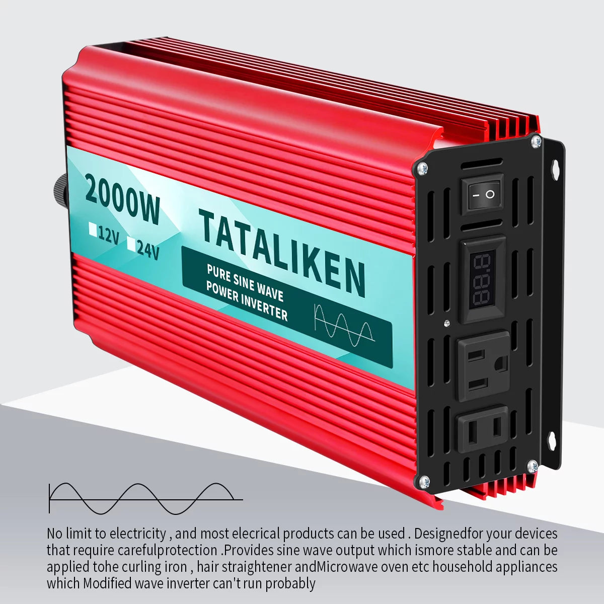 2000 Watts Pure Sine Wave Power Inverter DC 12V to AC 110V/120V with 2 AC Outlets I2243