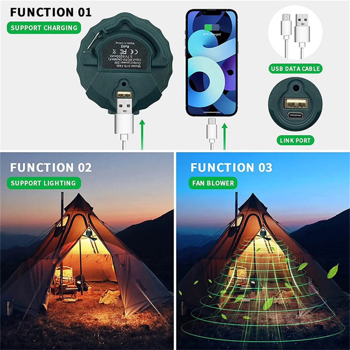 Rechargeable Camping Fan with LED Light and Hook 5200mAh I486