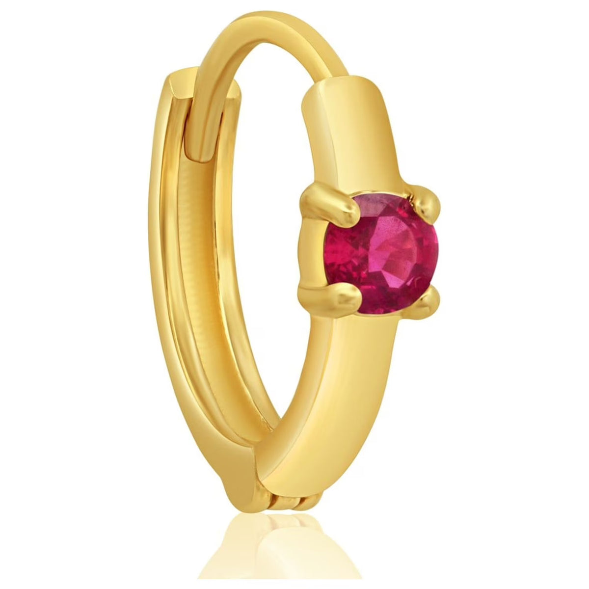Red Ruby 11mm Huggie Hoop Earring in 14k Yellow Gold with Hidden Clip Closure N9589
