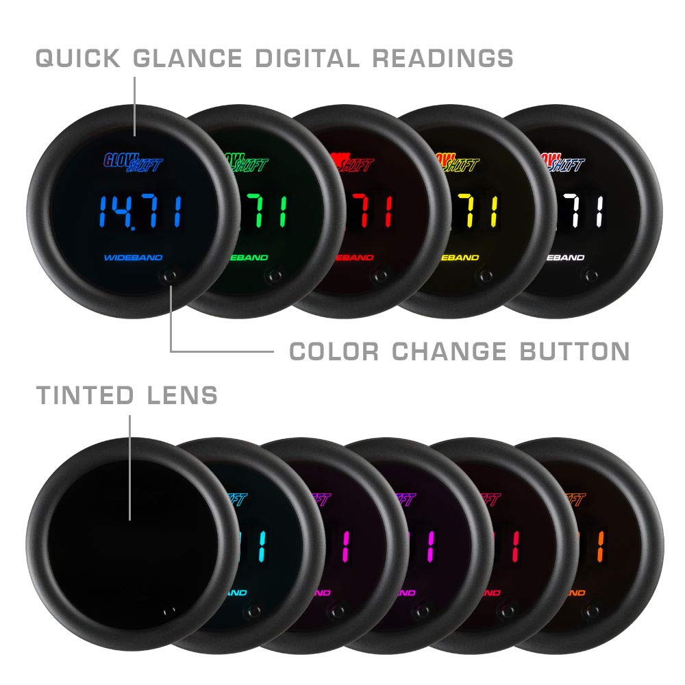 10 Color Digital Wideband Air/Fuel Ratio Gauge with Oxygen Sensor, Data Logging Output, Tinted Lens, 2-1/16" (52mm) S648