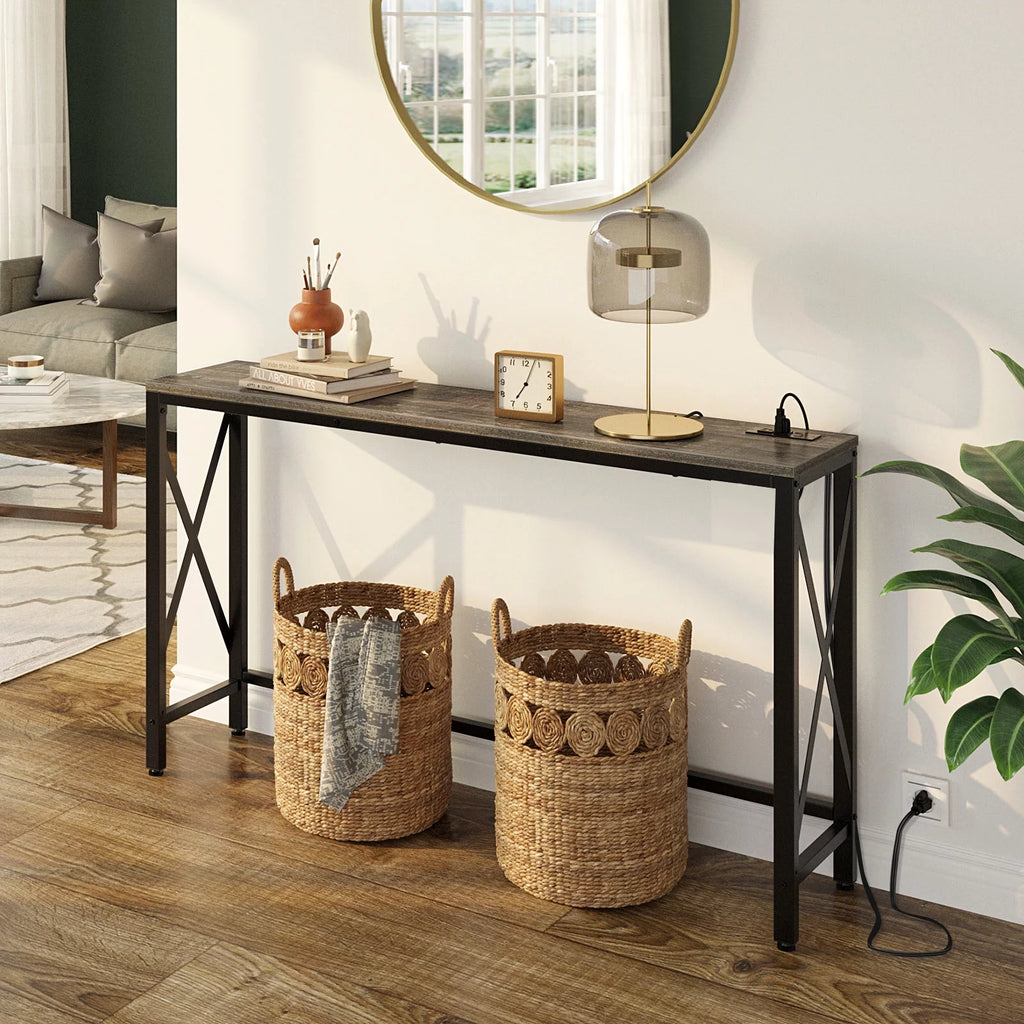 Console Table with Power Outlet, 55 Inch, Rustic Brown A893523