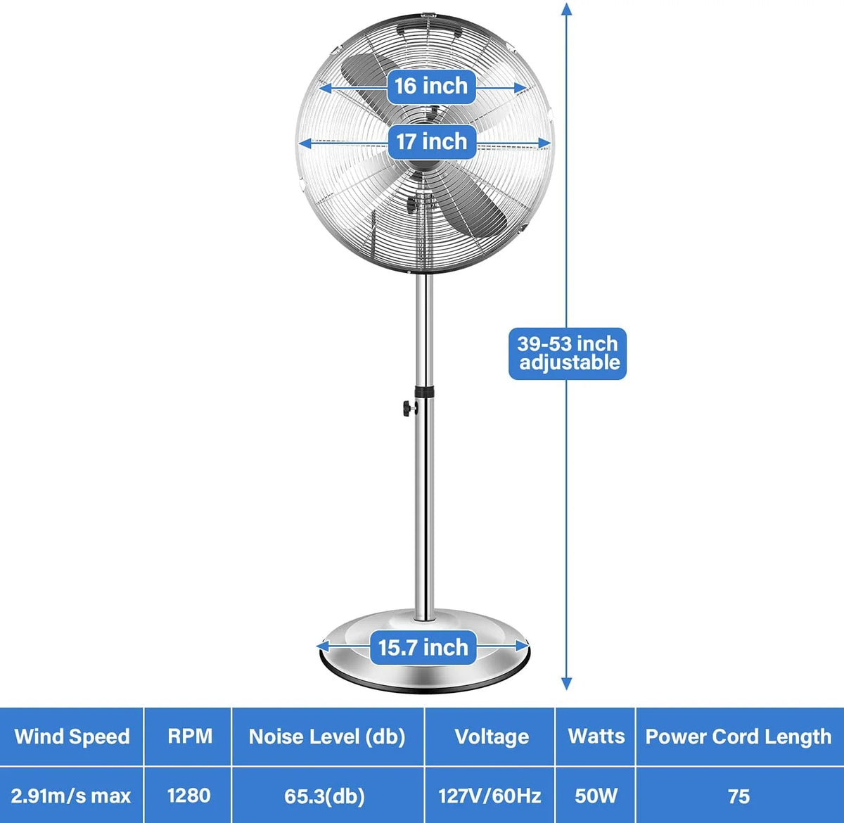 Metal Pedestal Fan, Quiet Oscillating Standing Fan with Height Adjustable G409