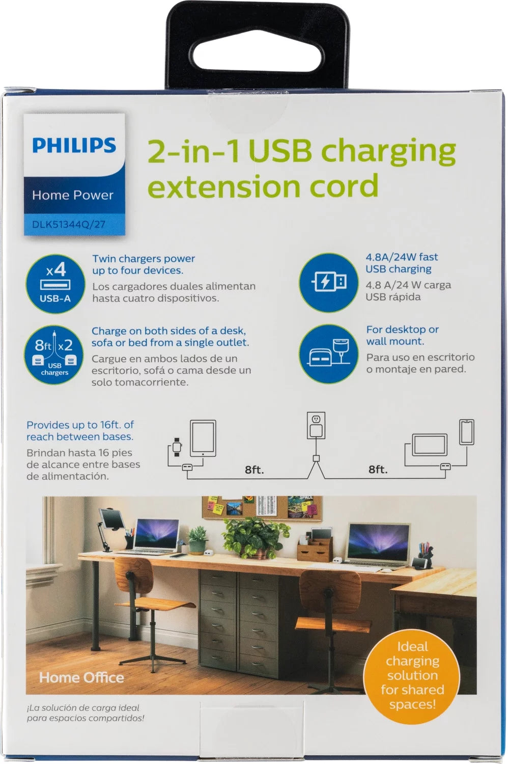 Twin USB Tabletop Charger, 4 USB-A Ports, 8ft Split Cord, White X235874