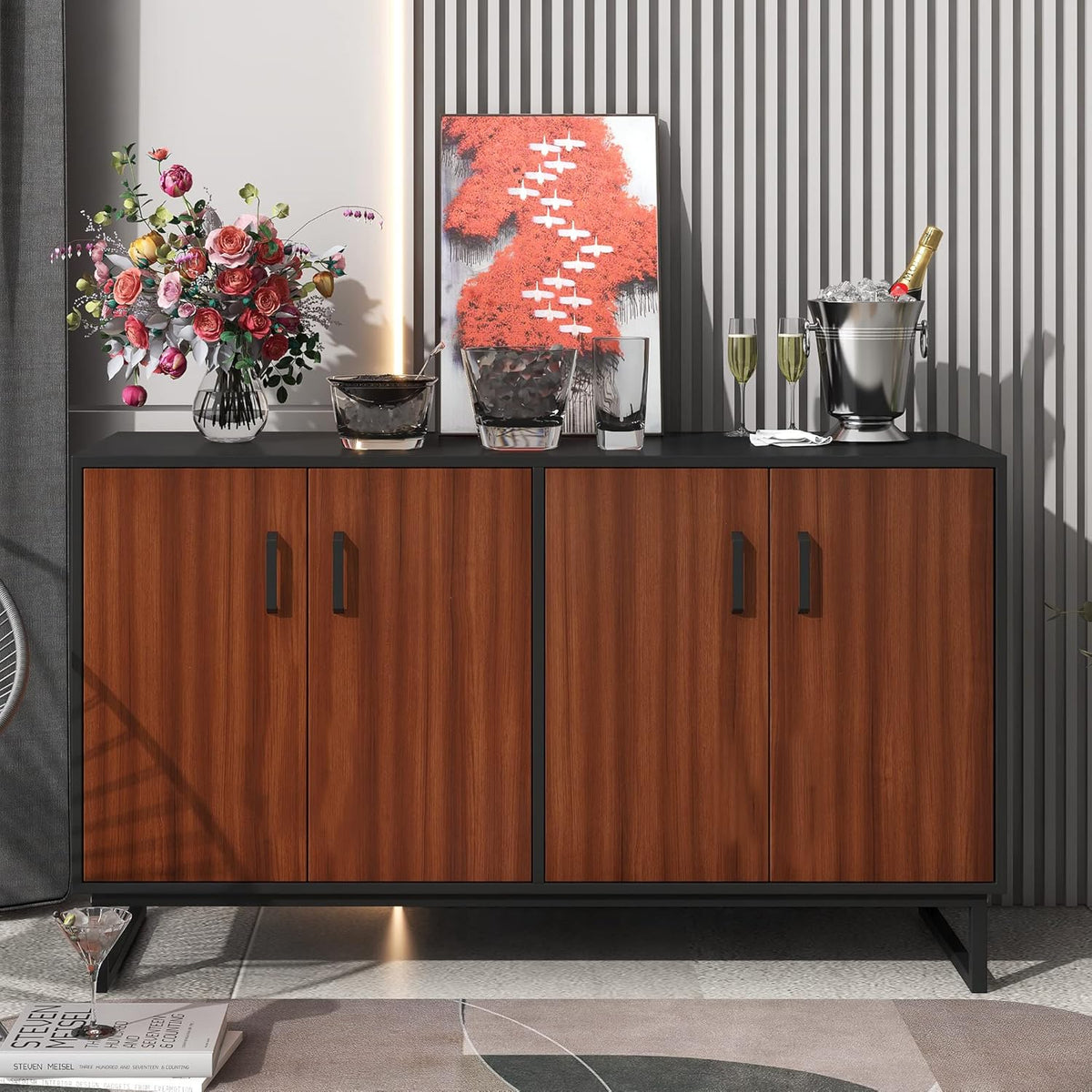Black Accent Buffet Sideboard with Tempered Glass Console Table Sofa Table with Adjustable Shelves Cabinet L704056