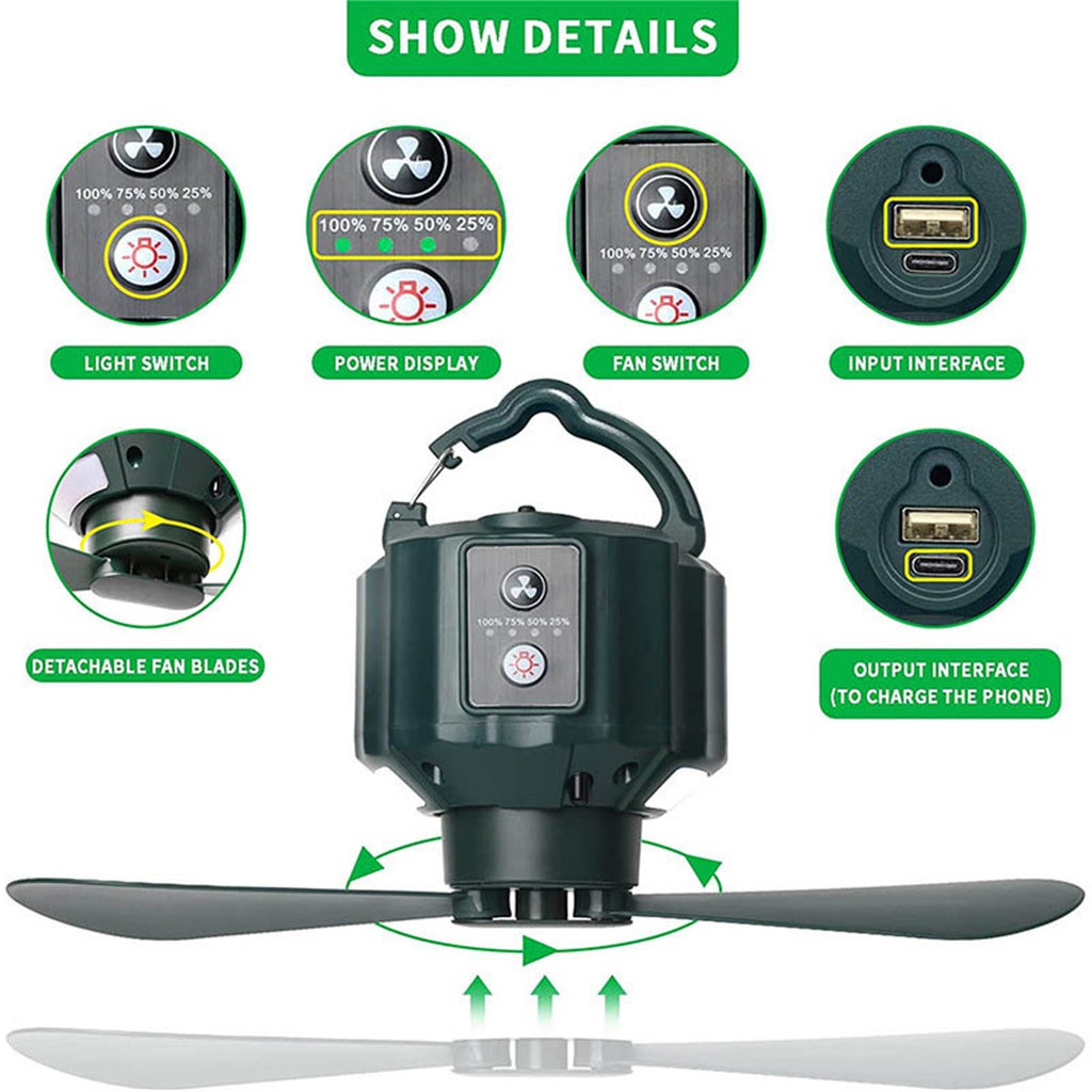 Rechargeable Camping Fan with LED Light and Hook 5200mAh I486