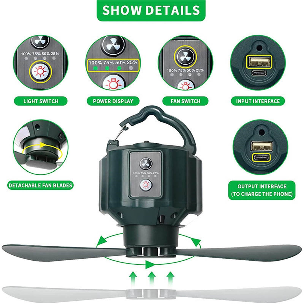 Rechargeable Camping Fan with LED Light and Hook 5200mAh I486